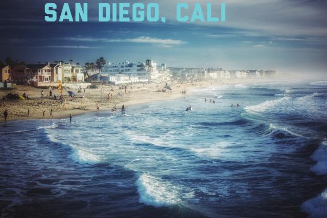 San Diego Beach crowded with people shot taken from over the water